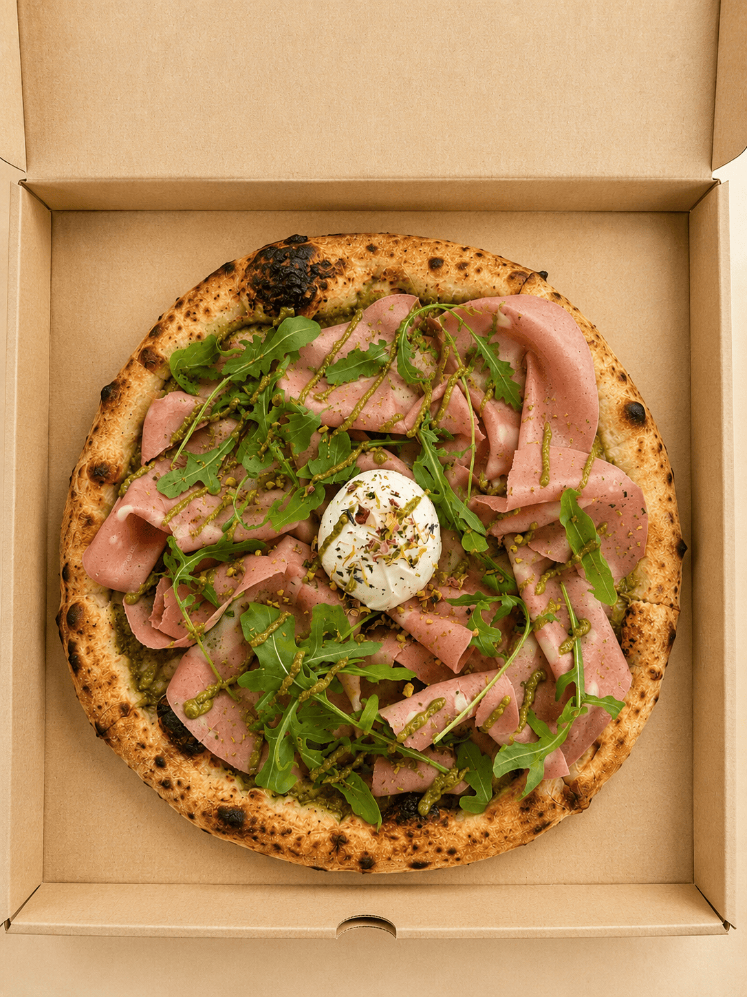 Pizza Spéciale Pistache – crème de pistache, burrata, mortadelle et éclats de pistache – La Spéciale pizzas prestige à Lambesc