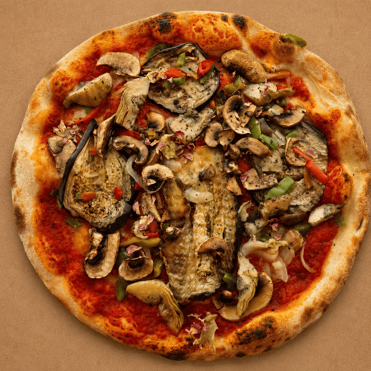 Pizza Végane Lambesc – poivrons, champignons, tomates séchées et crème d'artichaut – La Spéciale